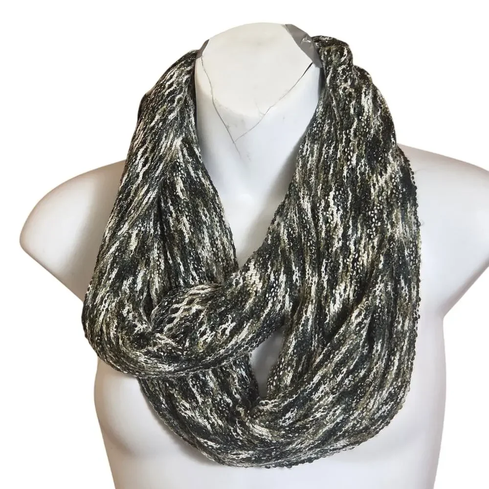Chunky Marled Knit Infinity Scarf Black White Green Sparkle Loop Cowl